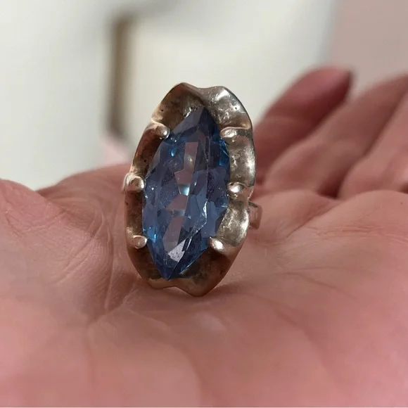 Antique art Deco Oversized Marquee Blue Topaz Brutalist Sterling Silver Ring - Picture 7 of 17